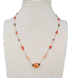 Dainty Orange Stone Necklace Hand Knotted Cord Station Copper tone Metal 17" - Picture 1 of 13