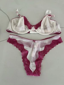 Victoria’s Secret TEASE Demi Bra & Thong Set White Mesh Pink Lace 38C/M NWT - Picture 1 of 4