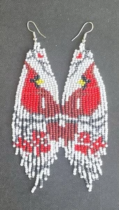 Boho Red Cardinal Bird Seed Bead Beaded Earrings Fringe Tassel Long Memorial - Picture 1 of 5