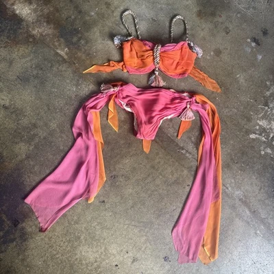 Conjunto de baile de gasa de seda rosa y naranja vintage de los años 50 traje de juego sujetador showgirl Foto 1 de 4