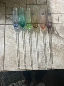 Hand Blown Colorful Glass 17” Long Stem Footless Champagne Toasting Flutes 6 Set - Picture 1 of 9
