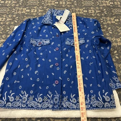 The Quacker Factory Blue White Black Bandana Beaded Jean Jacket 1x Womens NWT - Image 1 of 3