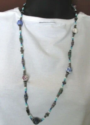 Nuevo Collar de 14 pulgadas Cuentas de Plata, Azul y Blanco con Porcelana Flor Espaciadores de Cuentas Foto 1 de 3