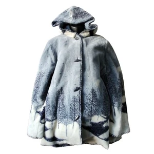 VTG Sherpa Hooded Blanket Coat S 4/6 Blue White Snow Scene Toggle Buttons Cozy - Picture 1 of 16