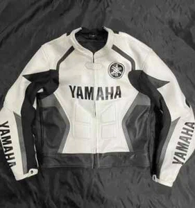 Yamaha Motorbike Racing Leather Jacket, White Black Genuine Leather Biker Jacket - Picture 1 of 6