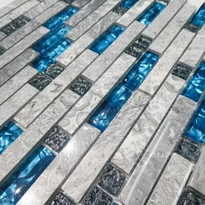 Mosaic Tiles Sheet Emerald Blue Glass And Marble For Wall Floor Bathroom Kitchen - Image 1 of 4