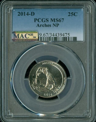 2014 D ARCHES PARKS QUARTER PCGS MS67  2ND FINEST GRADE MAC SPOTLESS .  - Image 1 of 2