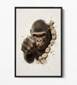 GORILLA PUNCHING HOLE THROUGH WALL -FLOAT EFFECT FRAMED CANVAS WALL ART PRINT - Picture 1 of 12