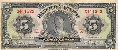 Mexico  5  Pesos  8.11.1961  Series  LC  Prefix S  Circulated Banknote Qash11 - Image 1 of 2