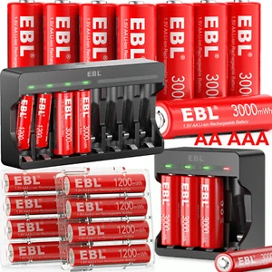 EBL 1.5V AA AAA Rechargeable Batteries 1200/3000mWh Lithium Battery /Charger Lot - Picture 1 of 71