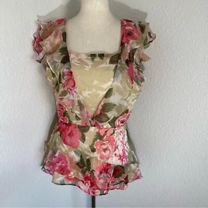 Walter Baker Floral Ruffle Open Back Pink Cream Green Blouse Top Size M - Picture 1 of 11