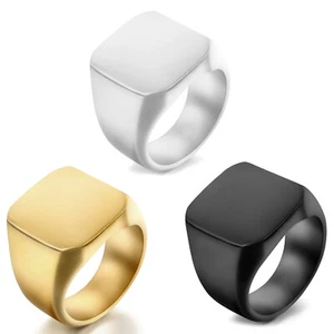 Mens Polished Biker Square Signet Ring Stainless Steel Wedding Band Size 6-15 - Picture 1 of 14