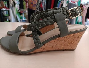 Talbots Royce Braid Sandals 7M Summer Sage Green Leather Upper Wedge Heel EUC - Picture 1 of 6