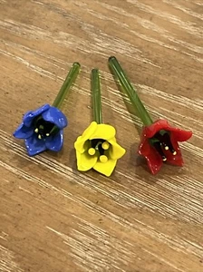 3 Swizzle Art Blown Glass Blue Yellow Red Mini Flower Tulip Cocktail Stirs VTG - Picture 1 of 11