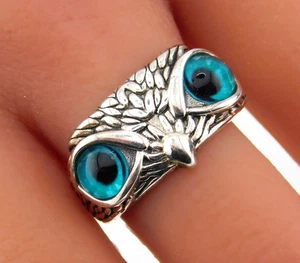 925 Sterling Silver Owl Band Ring w Teal Blue Eyes SZ 8 - Picture 1 of 11