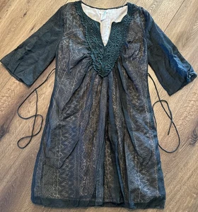Esley Size Medium Black Lacelike Sheer Dress Lined Beige Color Tie In Back - Picture 1 of 5