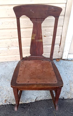 Antique Spaulding Fibre Leather Seat Solid Oak Childs Rocking Chair - Image 1 of 4