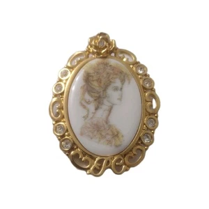 Broche prendedor vintage Avon President Club metal dorado/dama victoriana estrás - Imagen 1 de 4