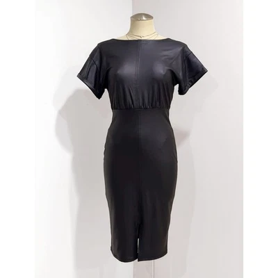 ASOS 女式黑色 PU 人造皮革弹力铅笔迷笛连衣裙 2 码 — 第 1/4 张图片