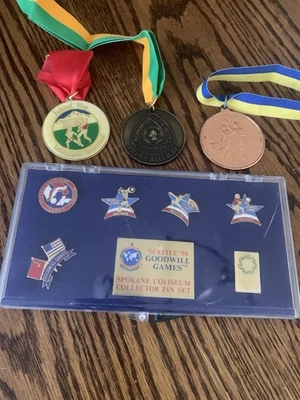 Vintage 1990 Goodwill Games Spokane Coliseum Sports Lapel Set W/ 3 Other Medals - Image 1 of 4