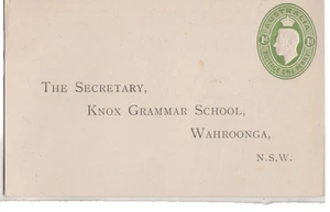 Stamp 1d green KGV1 embossed PTPO postcard pre-printed Knox Grammar School, NSW - Bild 1 von 2