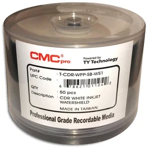 100-Pak CMC PRO =WATERSHIELD & GLOSSY= White Inkjet Hub 52X 80-Min CD-R's - Picture 1 of 1
