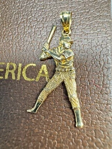 10k Yellow Gold Baseball Player Bat Charm Pendant - Picture 1 of 9