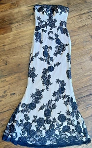 STUNNING MANDALAY Evening COCKTAIL DRESS MAXI Nude & Black Crystal Lace Gown ~8 - Picture 1 of 7