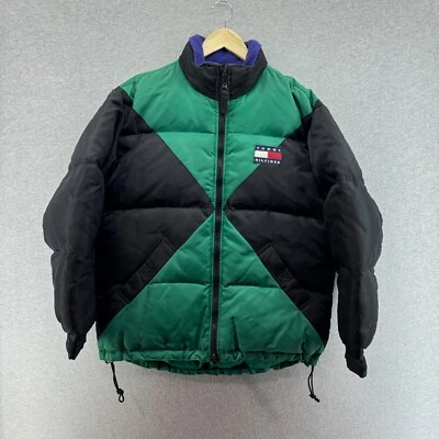 Винтажный 90-х Tommy Hilfiger куртка мужская средний вниз атласный зеленый черный флаг логотип редкая - Изображение 1 из 4