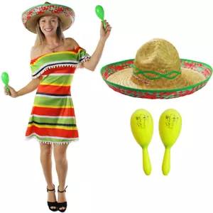 LADIES MEXICAN GIRL COSTUME WILD WESTERN FANCY DRESS OUTFIT STRIPED PONCHO DRESS - Picture 1 of 8