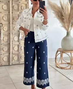 ZARA NAVY FLOWING HIGH WAIST LINEN TROUSERS WIDE LEG EMBROIDERED CULOTTES PANTS - Picture 1 of 22