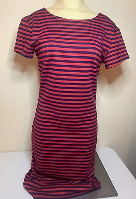 Felicity & Coco Navy  Blue Red Striped Open Back Stretch Bodycon Dress Sz Medium - Image 1 of 4