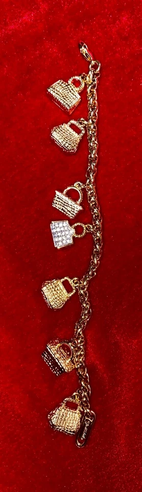 Judith Leiber gold tone mini purse charm bracelet vintage Clear Crystal Foto 1 de 4