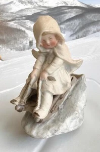 ANTIQUE HEUBACH BISQUE 5” SNOWBABY GIRL Snow Baby SLED VASE PLANTER CHRISTMA - Picture 1 of 10