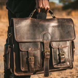 18" Buffalo Leather Messenger Shoulder Bag Leather Laptop Bag Leather Briefcase - Picture 1 of 4