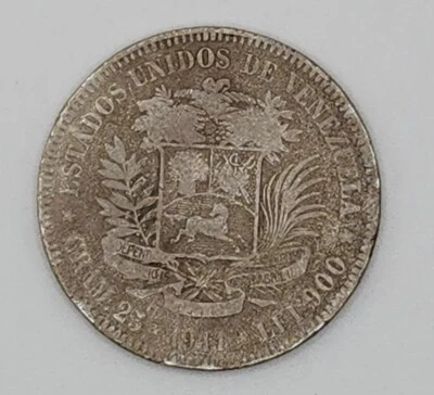 Nice 1911 Venezuela 5 Bolivares LIBERTADOR (.900) Silver Coin - FREE SHIPPING - Image 1 of 2