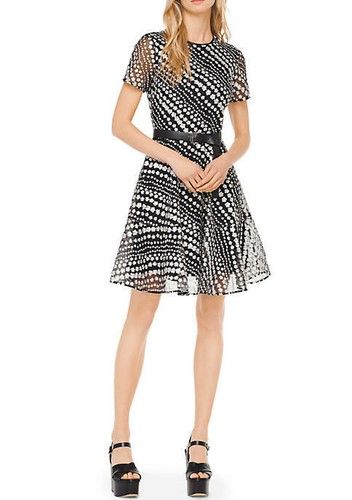 Abito a maniche corte ricamato floreale Michael Kors taglia 6 NUOVO $225 nero bianco