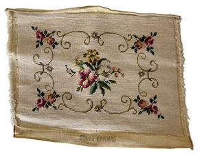 Completed Needlepoint Floral Roses Flowers Super Canvas 16” X 12” Vintage - Picture 1 of 10