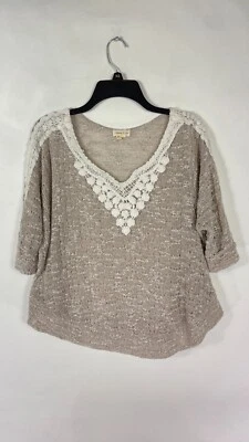 Meadow Rue Womens Blouse Top V Neck Short Sleeve Embroidered Beige Size Medium. - Image 1 of 4