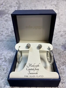 NIB Swarovski Crystal Earrings Set Fine Silver Sofia James Ball Studs & 1” Hoops - Picture 1 of 3