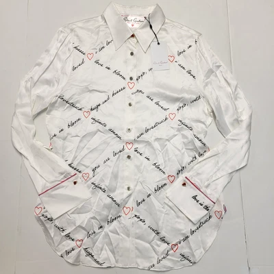 $335 Nueva Blusa ROBERT GRAHAM Gabriela MEDIANA Blanca Amor Estampado Corazón Mezcla de Seda Foto 1 de 4
