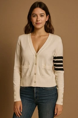 Thom Browne 4-Bar V-Neck Cardigan Women’s Cream Knit – Made in Japan, Size M - Image 1 of 4