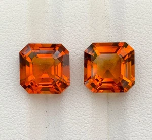 Matching 7.58ct Asscher Cut Mandarin Citrine Pair – 10mm Loose Gemstone Brazil - Picture 1 of 10