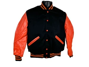 Vintage Letterman’s Jacket DeLong Size 38 Black/Orange NWOT 80s Wool Leather - Picture 1 of 11
