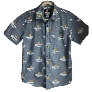 Corona Mens Sz Medium Blue Button Down Shirt all over print spell out Chambray - Picture 1 of 9