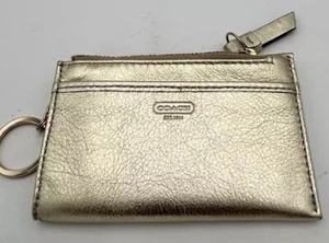 Coach Gold Metallic Bleeker Leather Wallet Coin Card Case With Key Chain Fob - Picture 1 of 6