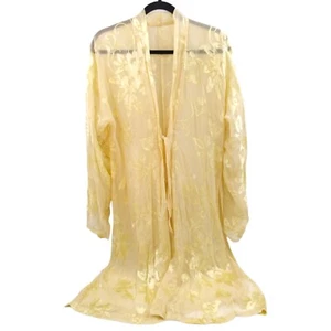 Vintage 70s Yellow Floral Burnout Sheer Robe Womens Large Hippie Glamour Kimono - Picture 1 of 14