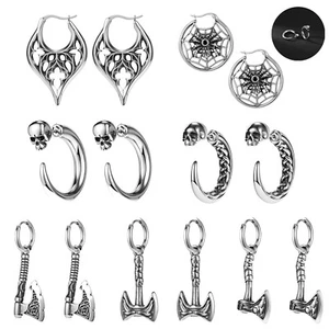 1 Pair Surgical Steel Hoop Earring Punk Skull Axe Huggie Earring Vintage Jewelry - Afbeelding 1 van 74