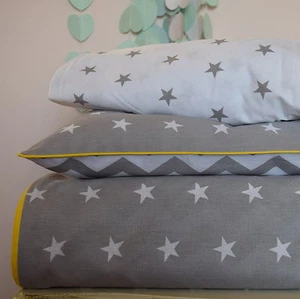 baby bedding COTTON Cot Bed Duvet Cover Set Grey Stars Chevron yellow piping - Picture 1 of 8