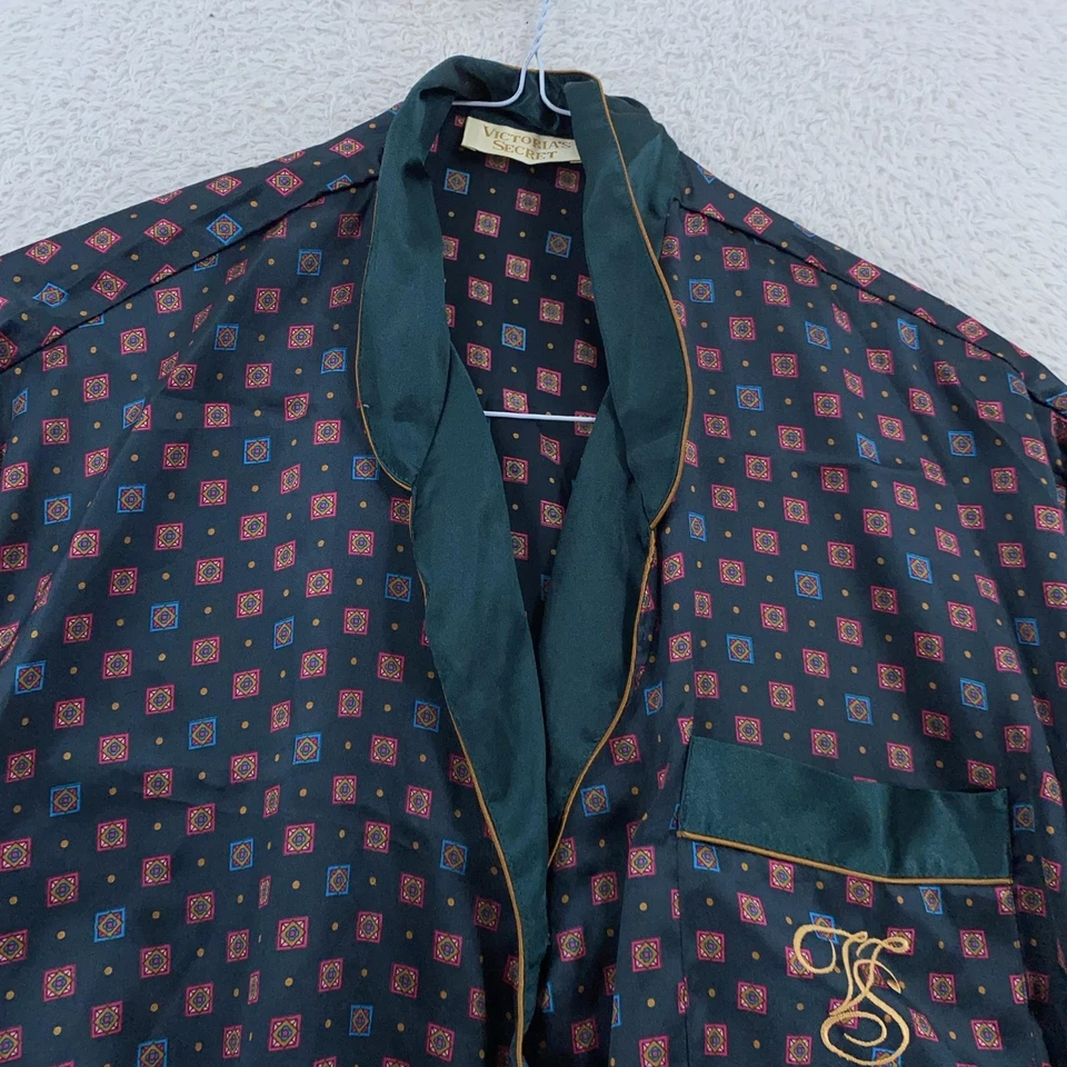 Pijama vintage Victoria's Secret etiqueta dourada roupão cetim geométrico anos 90 - Imagem 1 de 4